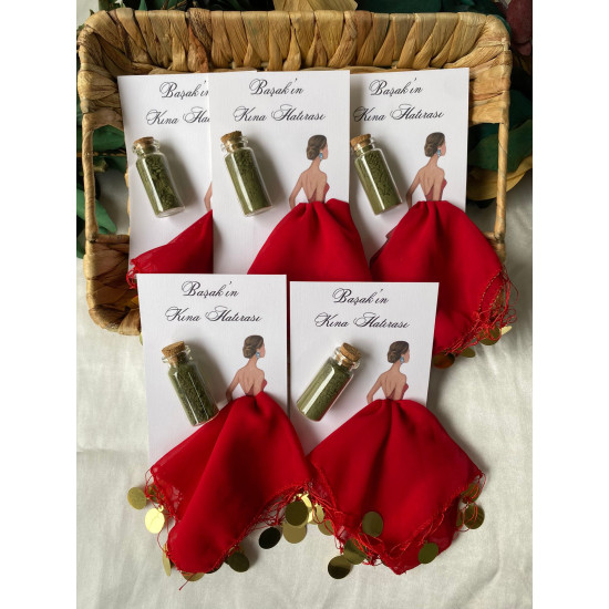 Cam Şişeli Kına Hatırası & Kırmızı Mendilli Kına Hediyeliği