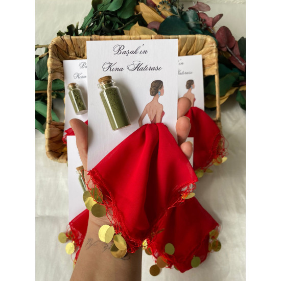 Cam Şişeli Kına Hatırası & Kırmızı Mendilli Kına Hediyeliği