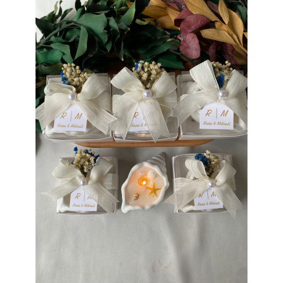  Mavi Çiçekli  Derin Deniz Kabuklu Mum Nişan Hediyeliği